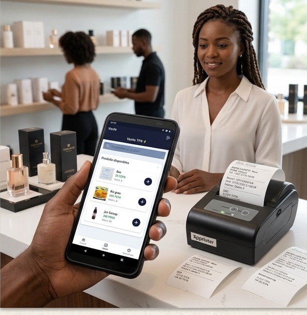Vendeuse encaissant avec le téléphone et la mini imprimante GinkGo