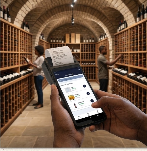 Commerçant utilisant le TPE GinkGo dans une cave à vins