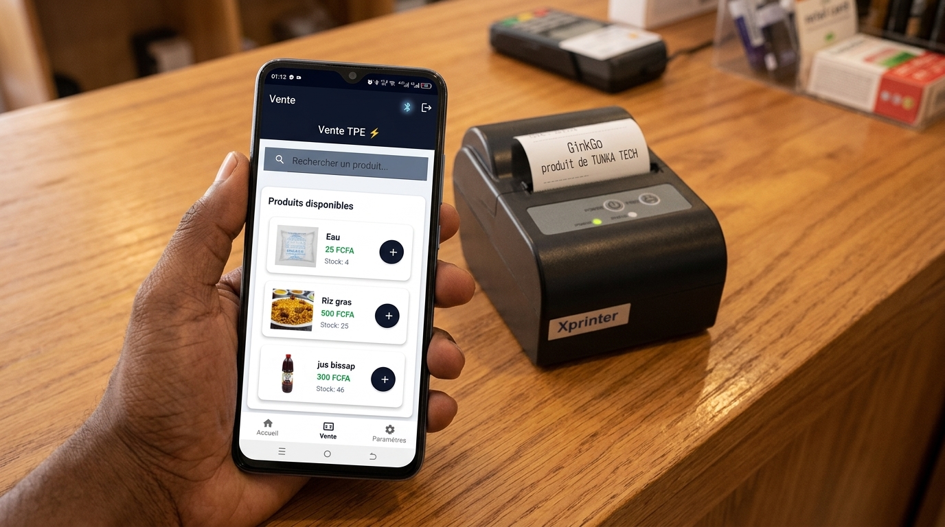 Commerçant utilisant GinkGo sur un téléphone relié à une mini imprimante